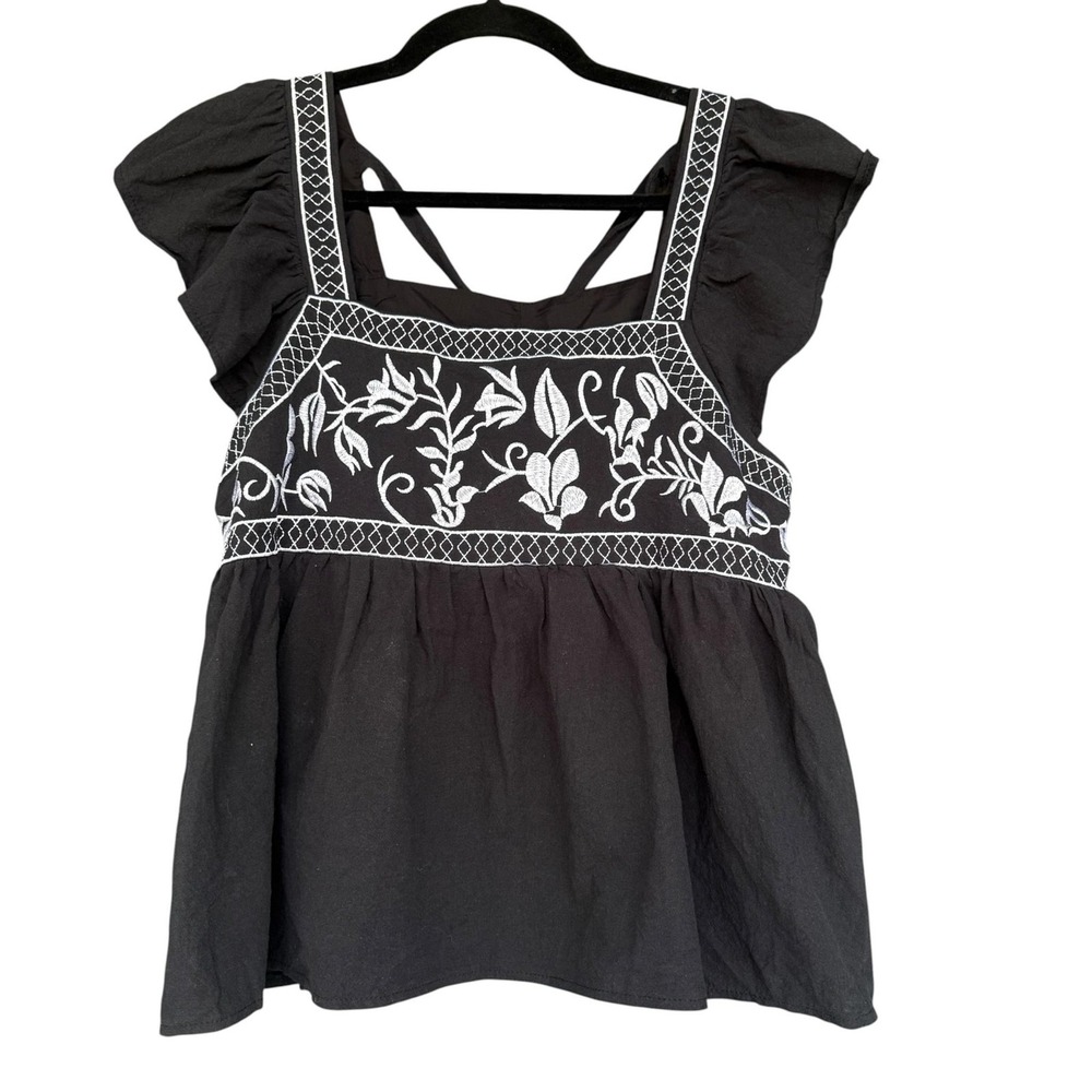 Floral Embroidered Blouse Womens Small Black Flutter Sleeve Boho Tie Back Top